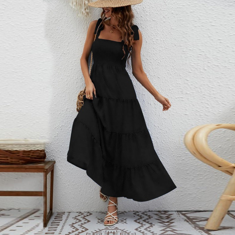 Vestido largo para mujer de tirantes anudados nido de abeja - Estrella