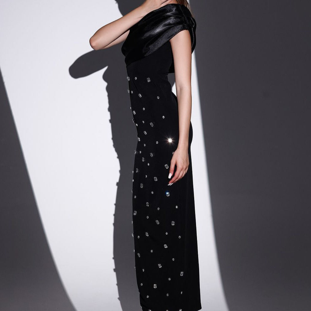 Vestido largo para mujer con pedrería escote asimétrico estilo elegante - Vianey