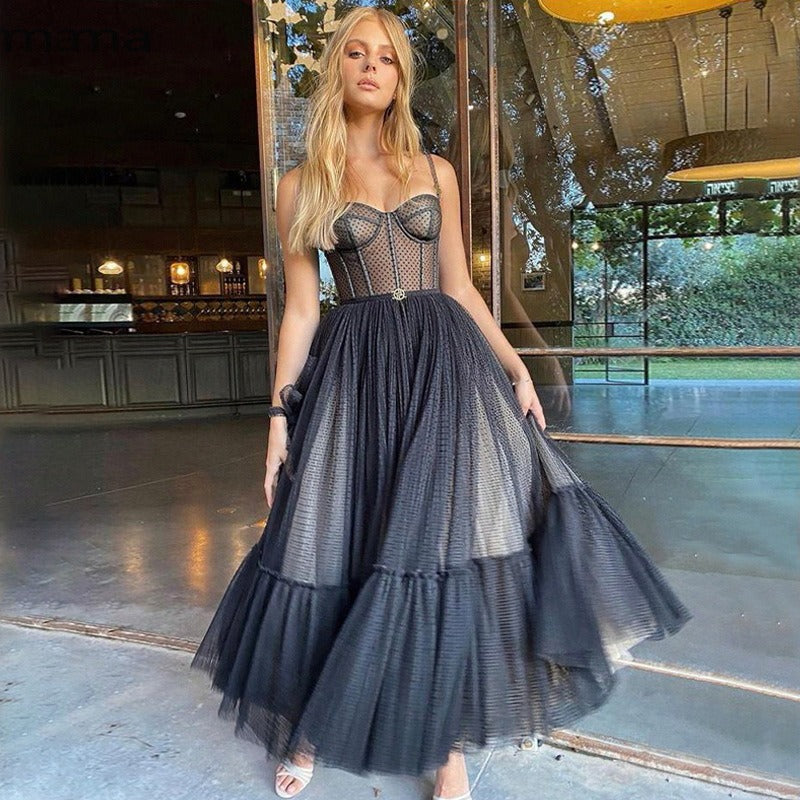 Vestido largo para mujer de tul bordado corsé estructurado - Celeste