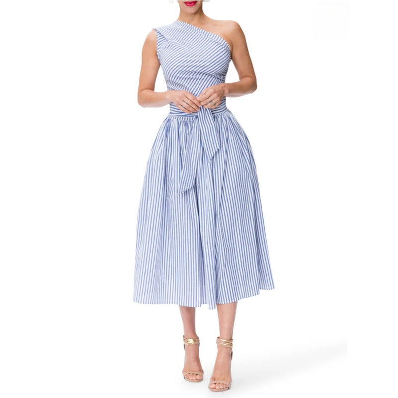 Vestido midi para mujer de rayas finas escote asimétrico - Berenice