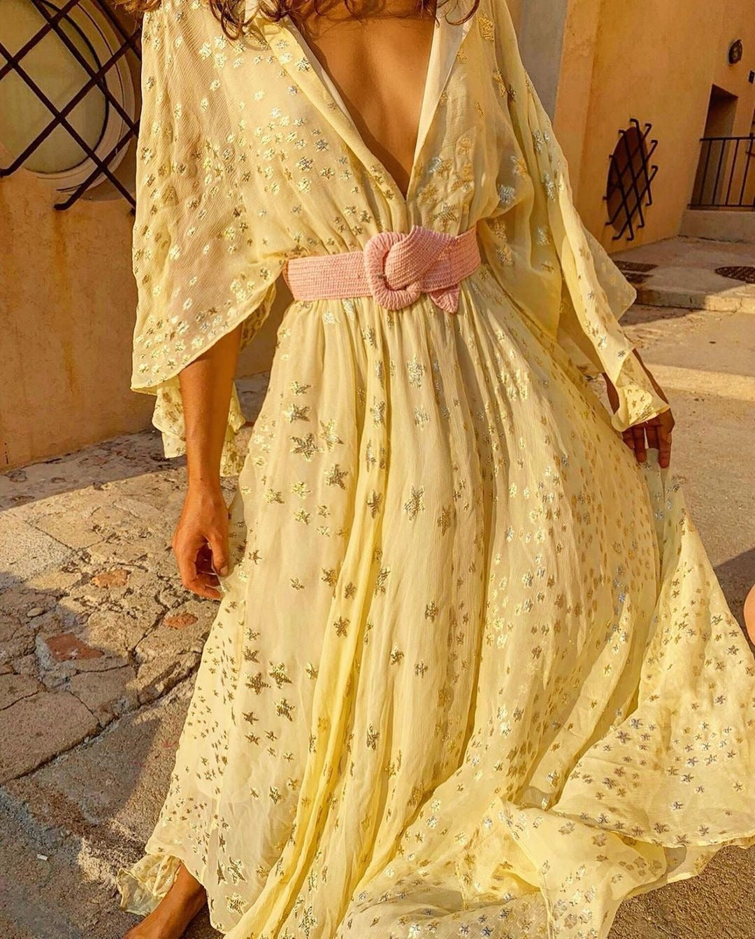 Vestido largo mujer con bordado floral metalizado - Gabriela