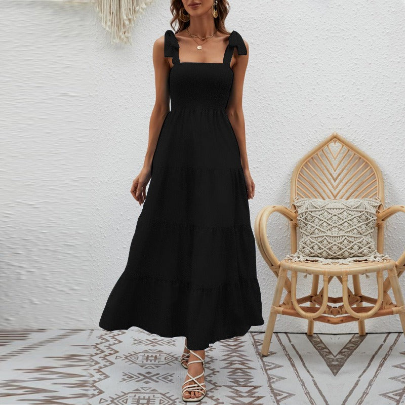 Vestido largo para mujer de tirantes anudados nido de abeja - Estrella