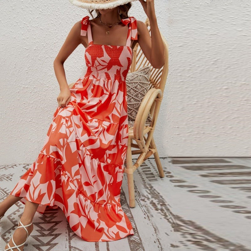 Vestido largo para mujer de tirantes anudados nido de abeja - Estrella