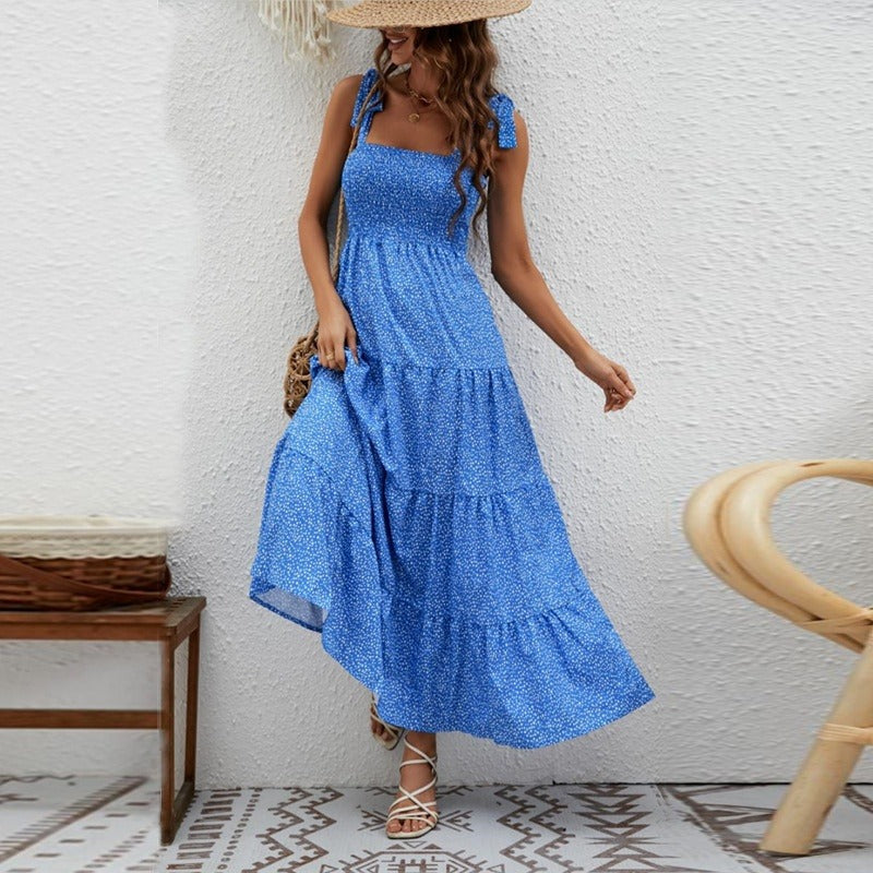 Vestido largo para mujer de tirantes anudados nido de abeja - Estrella