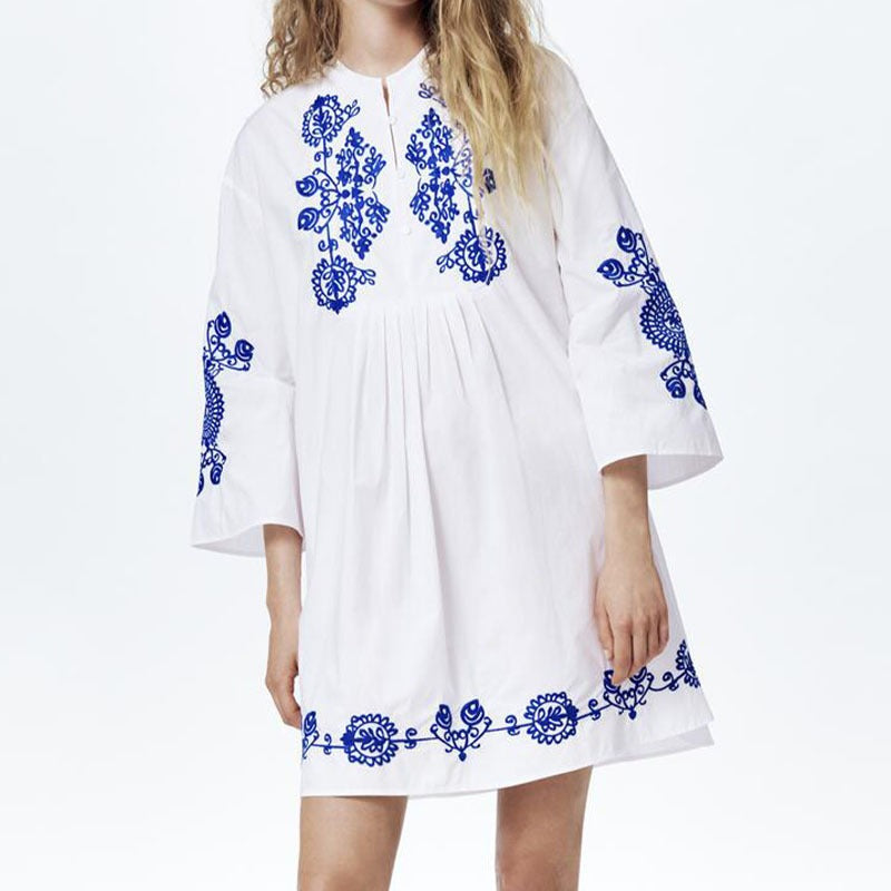 Vestido corto para mujer de algodón bordado estilo étnico corte holgado - Irati