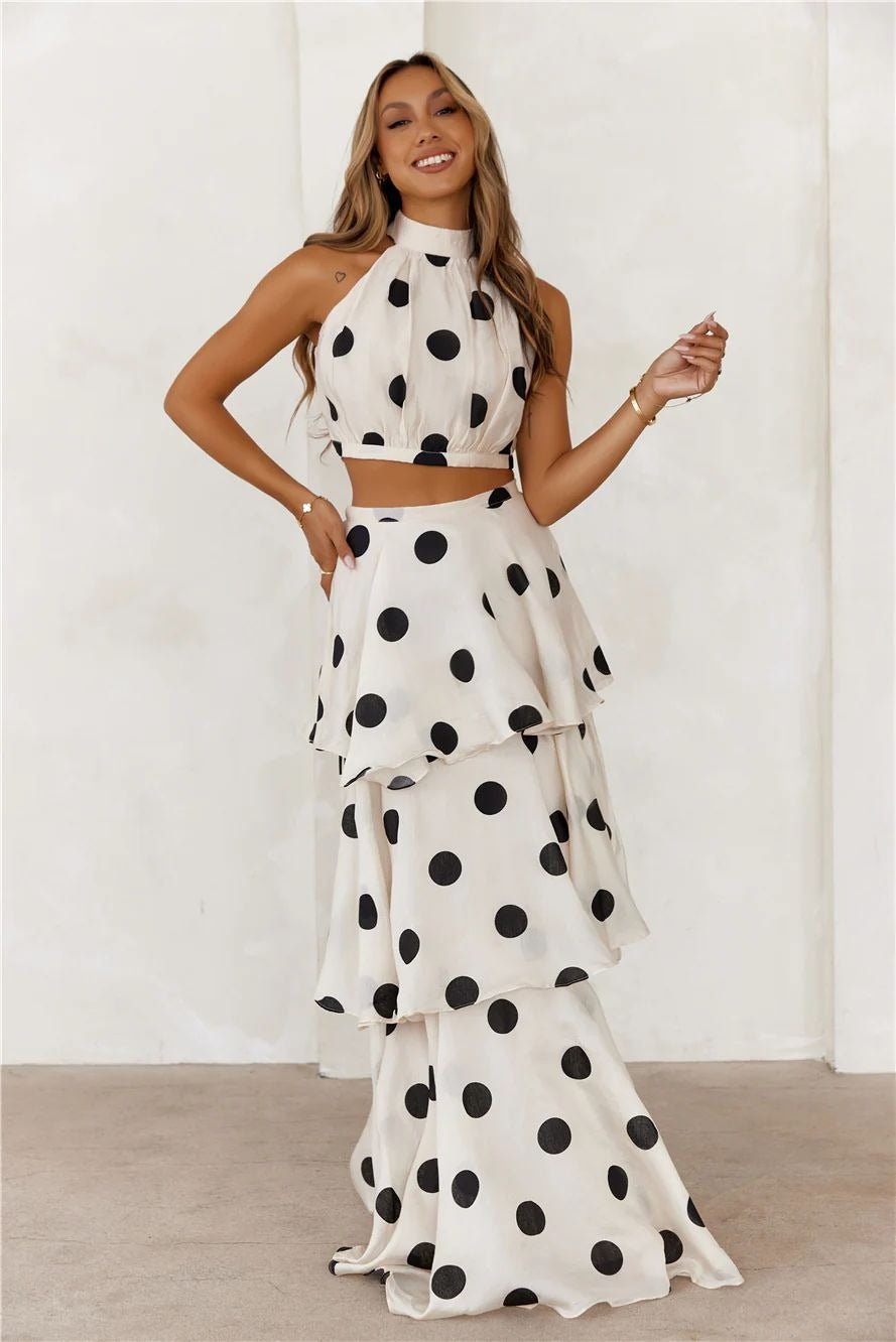 Conjunto mujer lunares top halter y falda larga volantes - Keyla