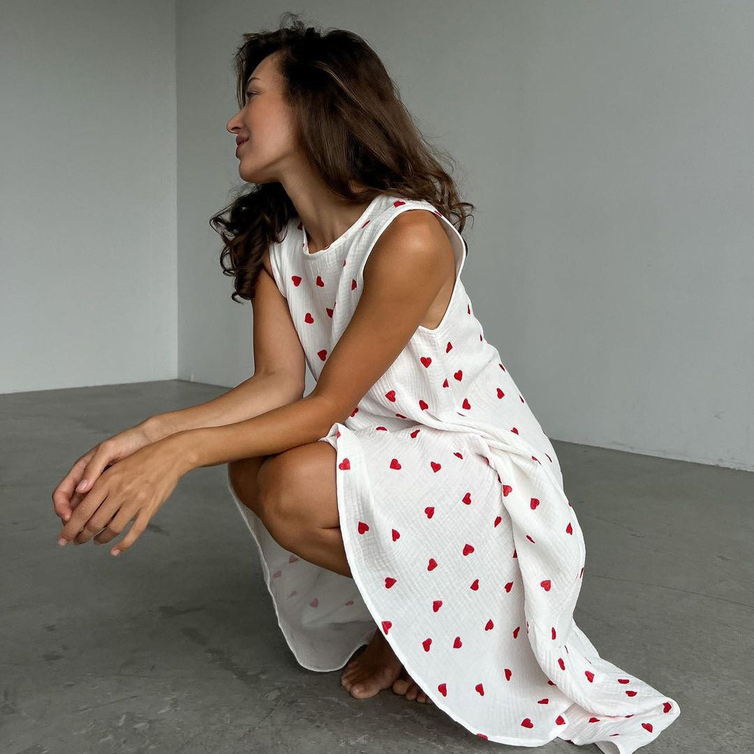 Vestido largo para mujer de algodón estampado corazones estilo sin mangas - Mieke