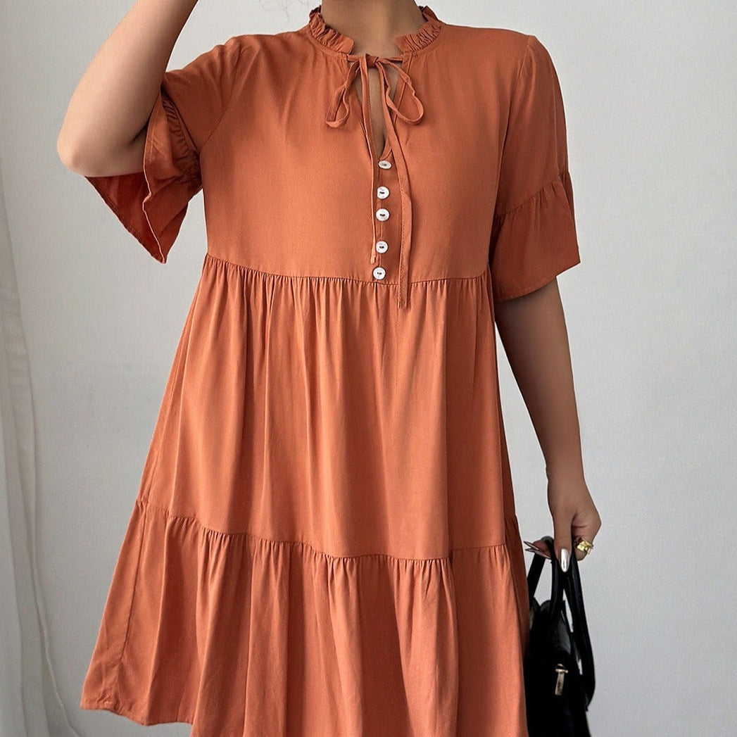 Vestido corto para mujer de algodón con cuello fruncido estilo evasé - Ariana
