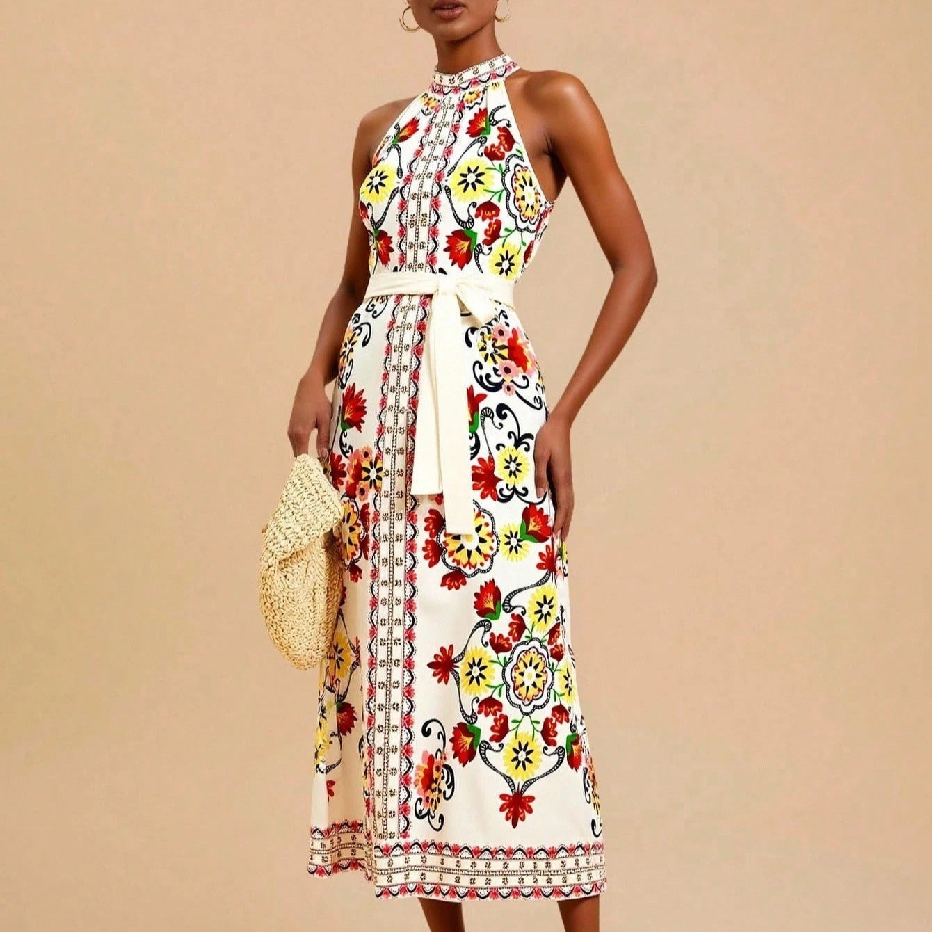 Vestido para mujer sin mangas cuello halter estampado floral midi - Carmela