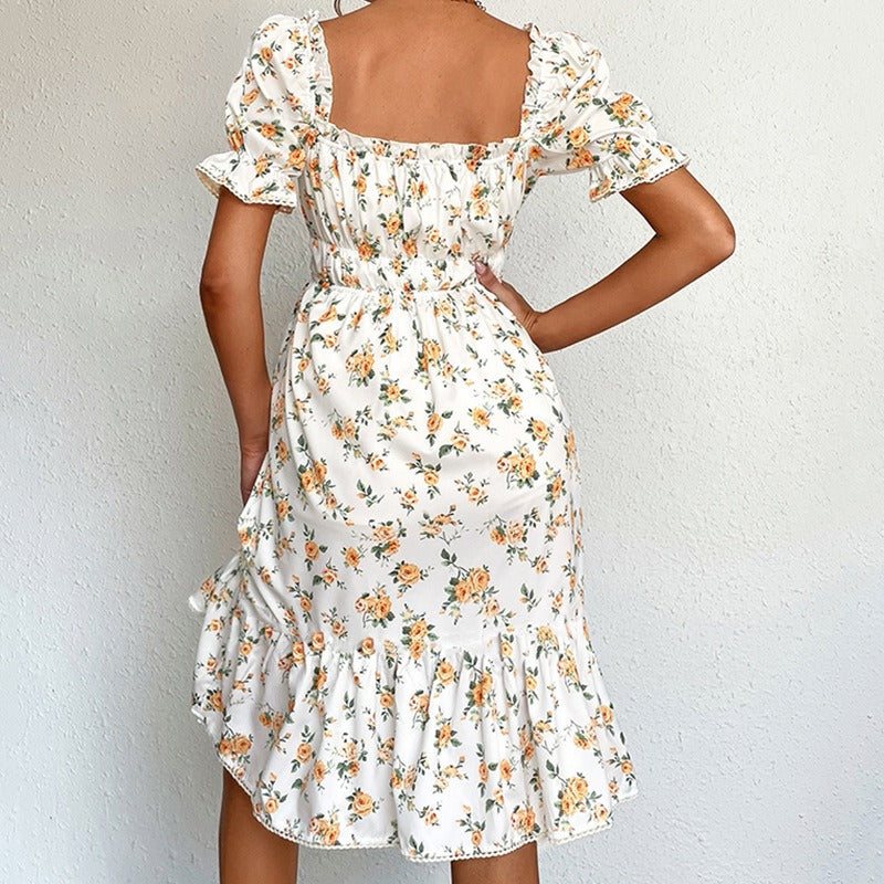 Vestido midi para mujer floral con mangas abullonadas estilo vintage - Julieta