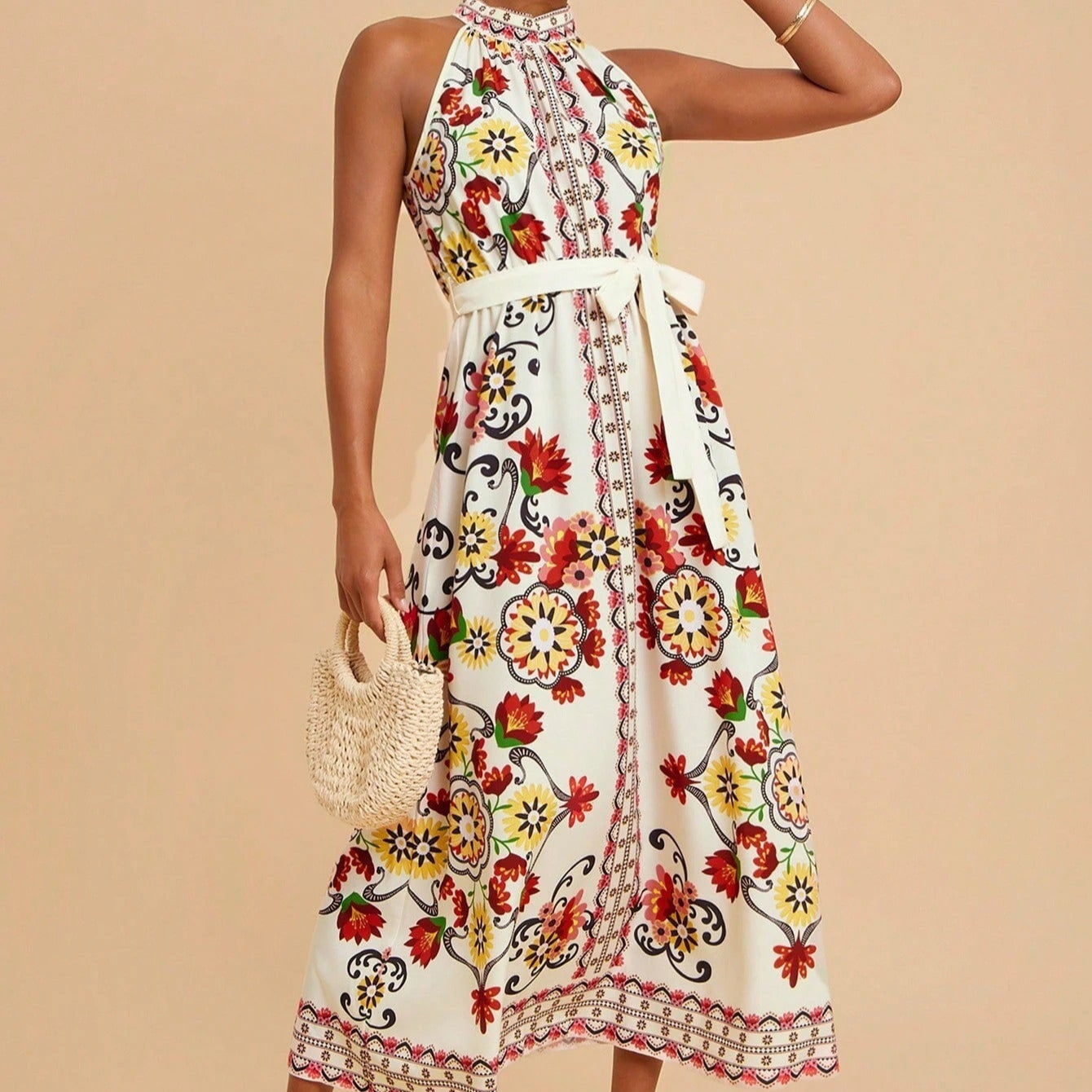 Vestido para mujer sin mangas cuello halter estampado floral midi - Carmela