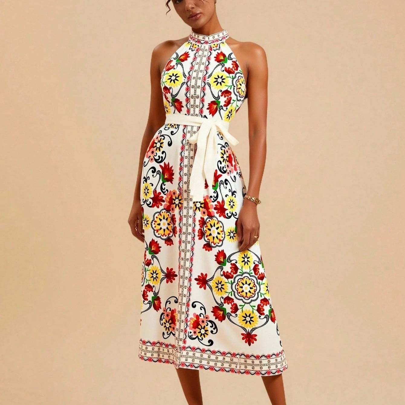 Vestido para mujer sin mangas cuello halter estampado floral midi - Carmela