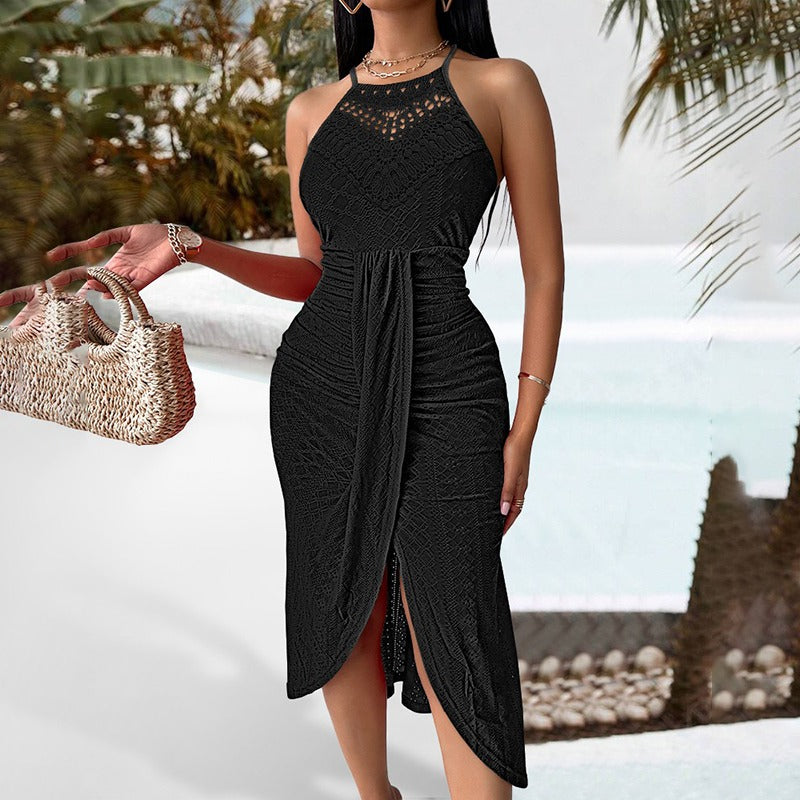 Vestido midi para mujer crochet calado con abertura frontal - Elvia