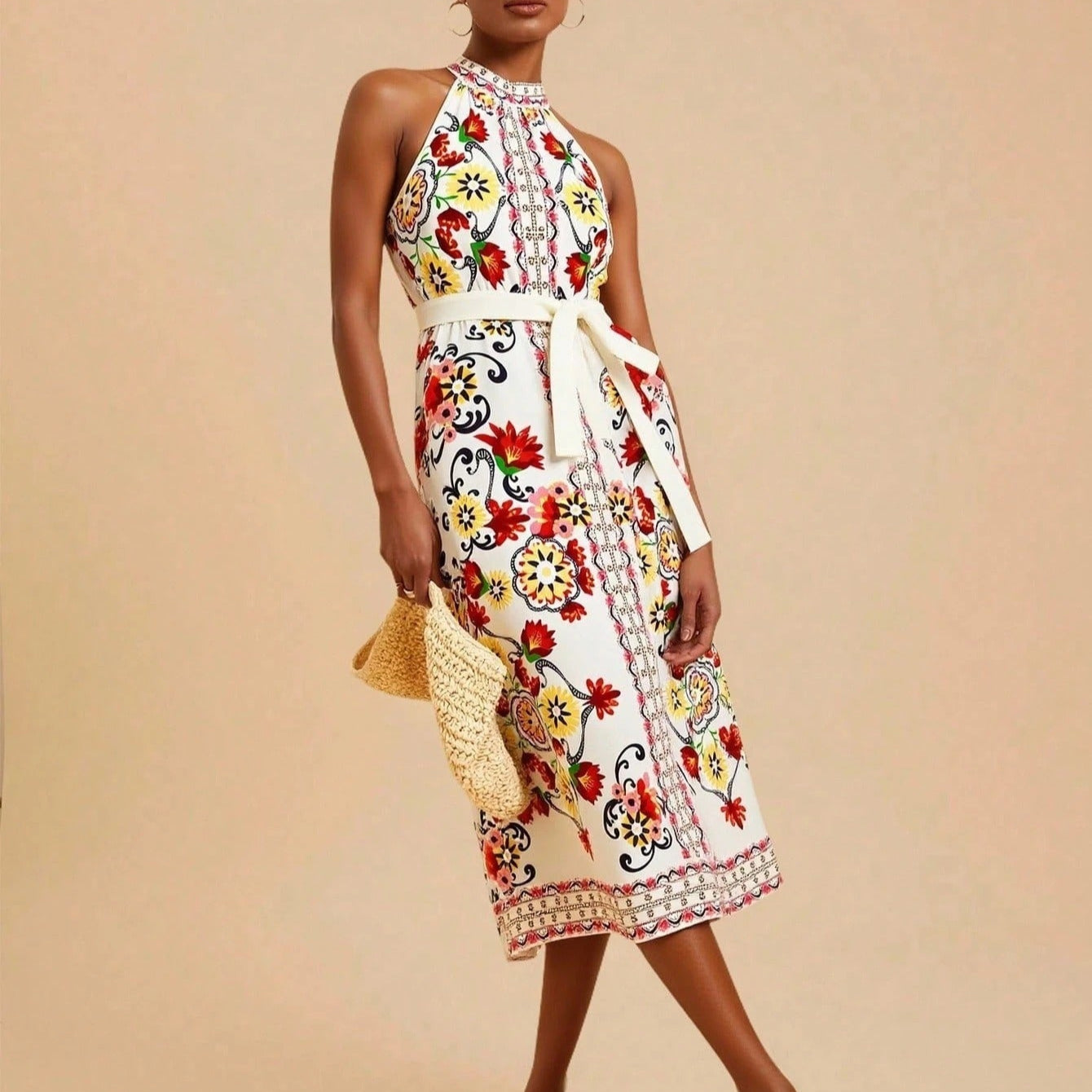 Vestido para mujer sin mangas cuello halter estampado floral midi - Carmela