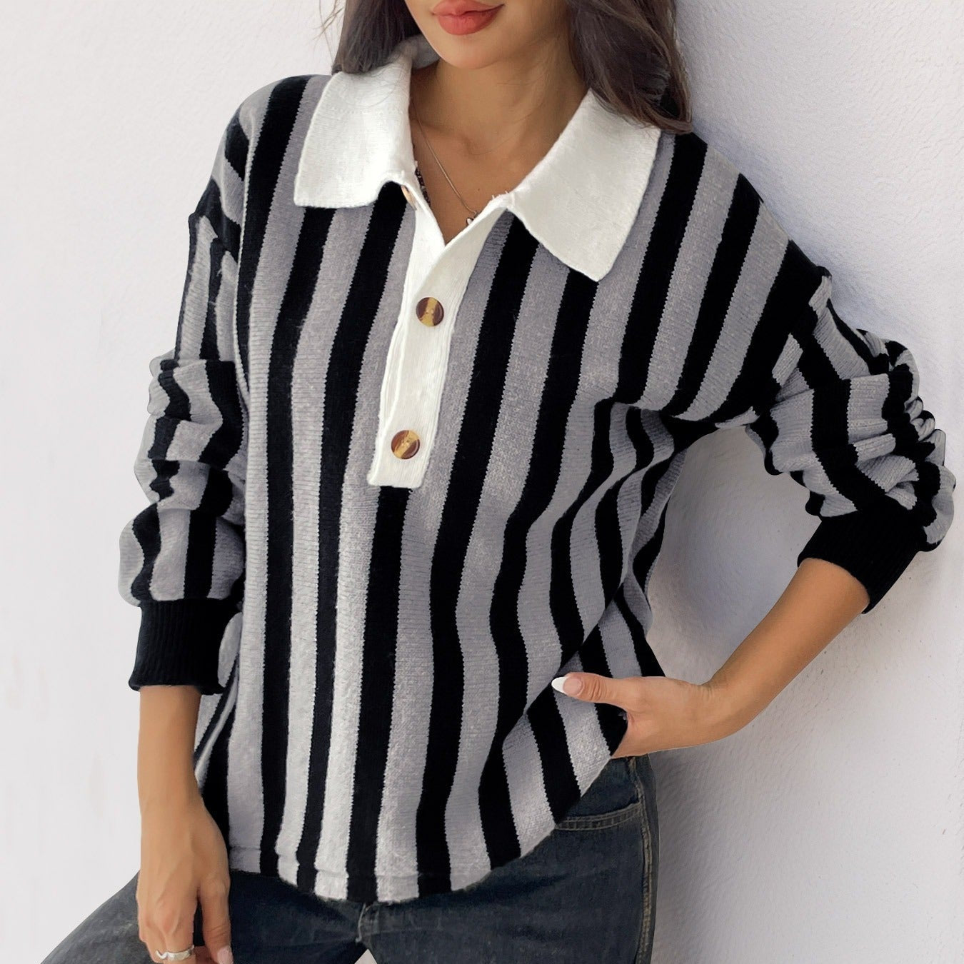 Jersey mujer rayas verticales cuello polo - Mirea
