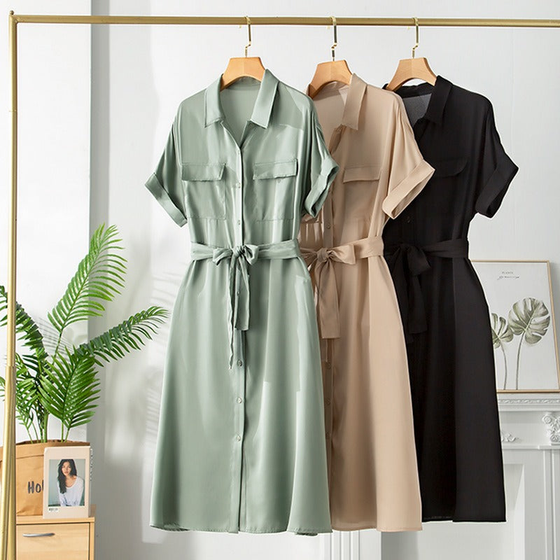 Vestido midi para mujer satinado con cinturón estilo camisero - Gabriela
