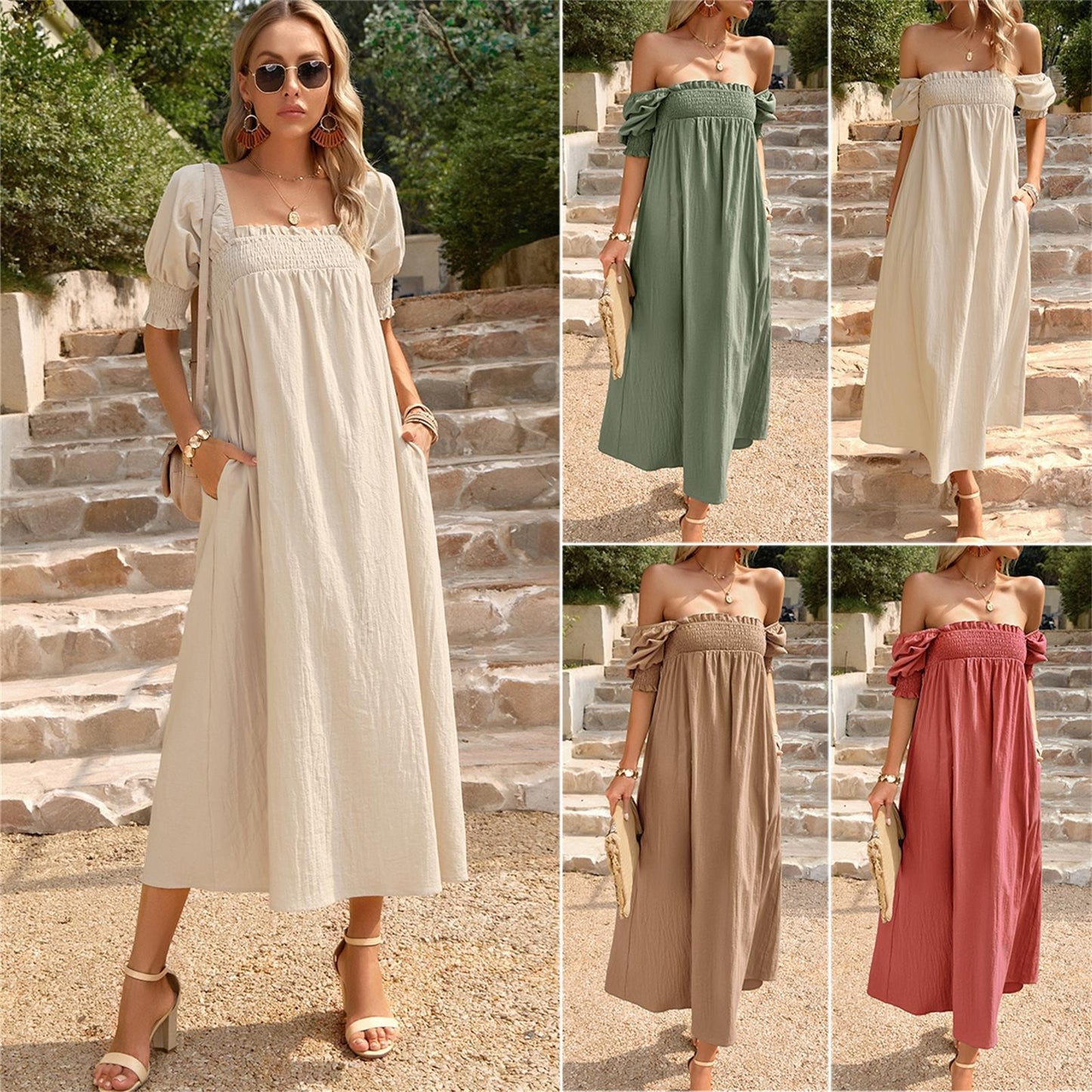 Vestido largo para mujer escote bardot nido de abeja estilo bohemio – Dafne
