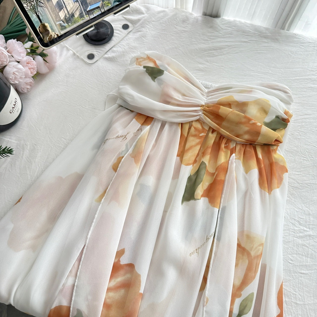 Vestido largo para mujer de gasa estampado floral espalda descubierta - Camille