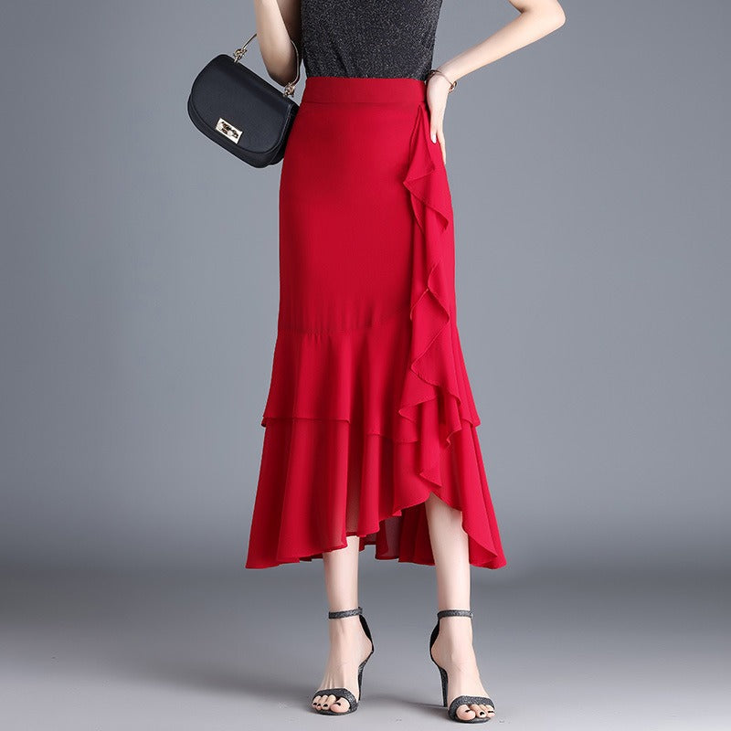 Falda midi para mujer de gasa estampado animal con volantes - Renata