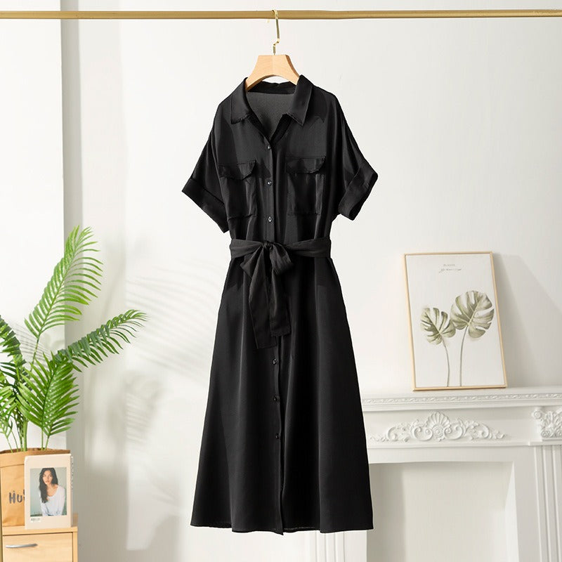 Vestido midi para mujer satinado con cinturón estilo camisero - Gabriela