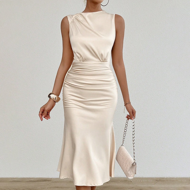 Vestido midi para mujer satén drapeado estilo entallado - Julieta