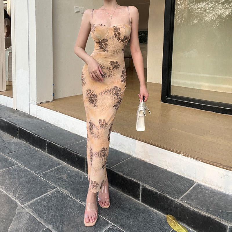 Vestido largo para mujer entallado con tirantes finos y efecto corsé - Sarai