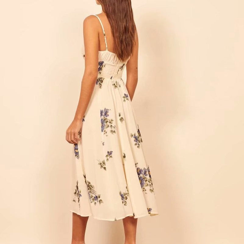 Vestido midi para mujer floral con tirantes finos y fruncido en cintura - Isadora