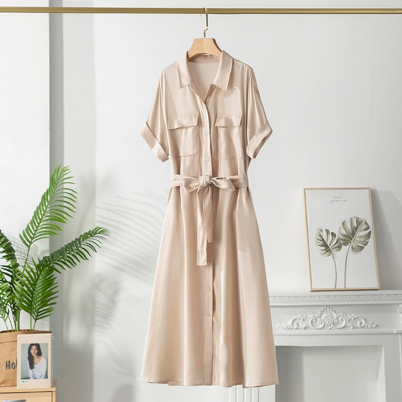 Vestido midi para mujer satinado con cinturón estilo camisero - Gabriela
