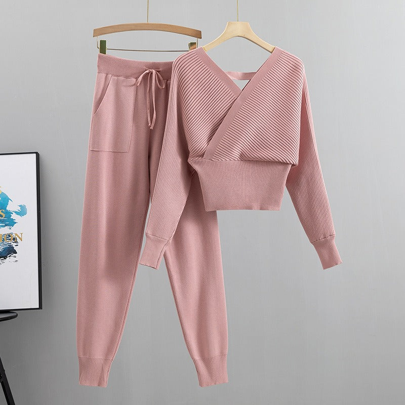 Conjunto punto mujer jersey cruzado y jogger canalé - Ilona