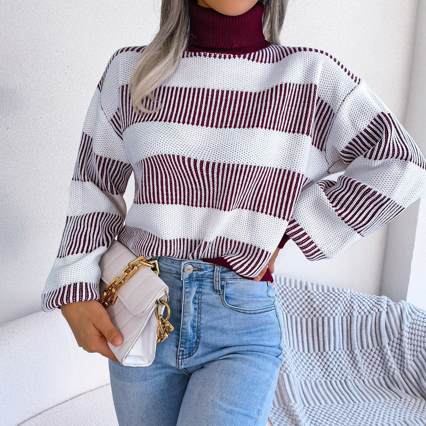 Jersey mujer rayas anchas cuello alto tejido punto - Elsy