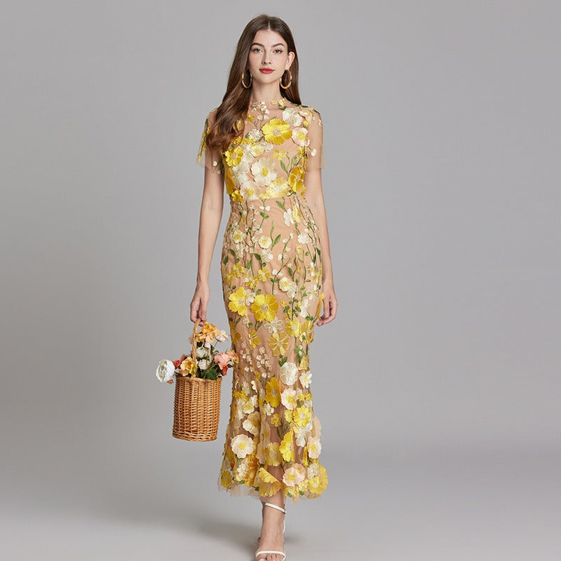 Vestido largo floral bordado mujer - Fiorella
