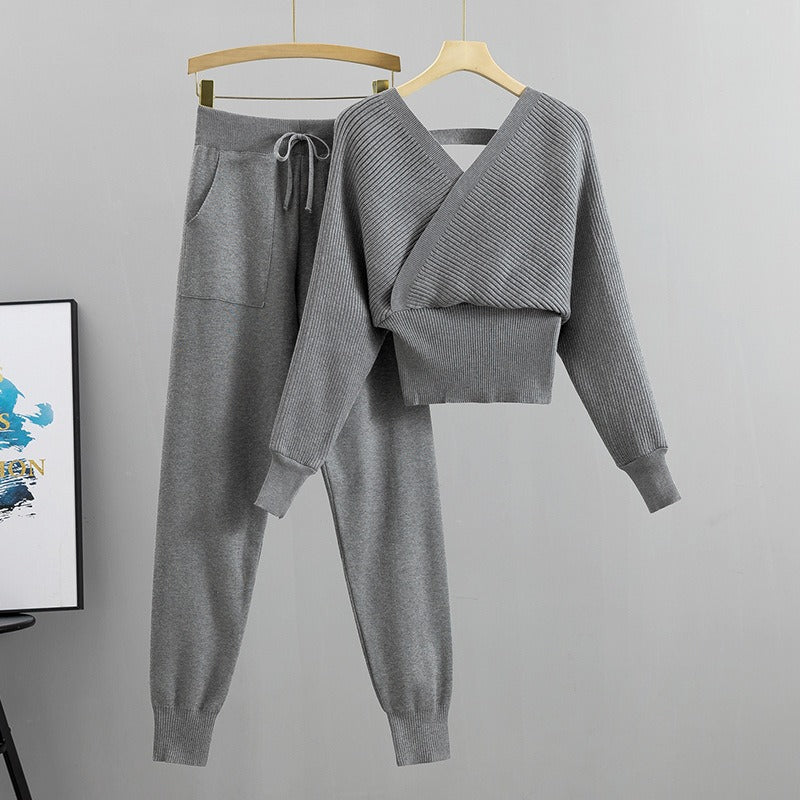 Conjunto punto mujer jersey cruzado y jogger canalé - Ilona