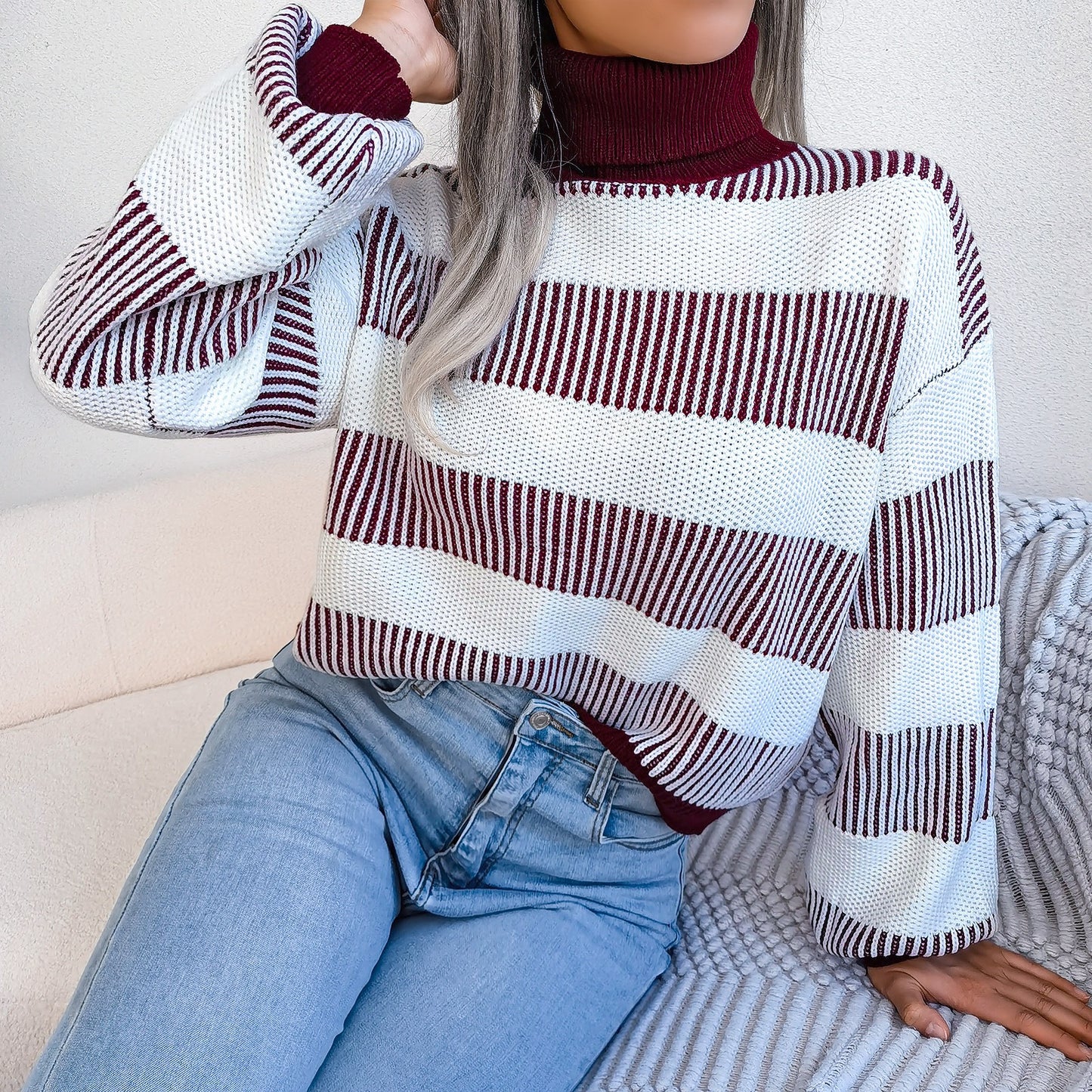 Jersey mujer rayas anchas cuello alto tejido punto - Elsy