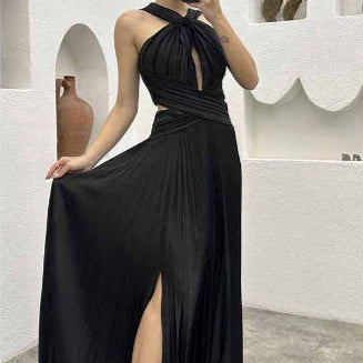 Vestido largo para mujer satinado plisado corte asimétrico - Natalia