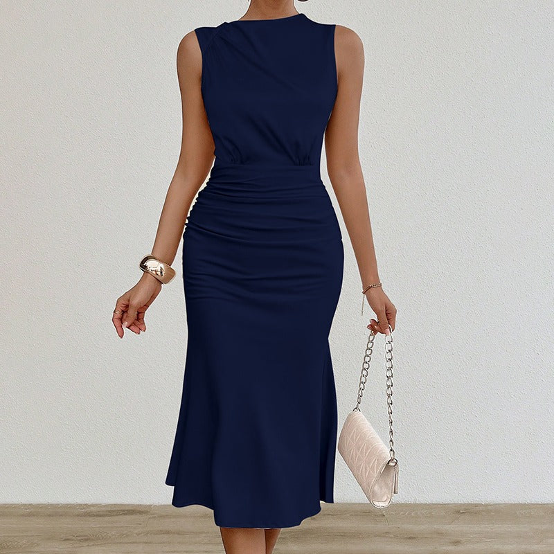 Vestido midi para mujer satén drapeado estilo entallado - Julieta