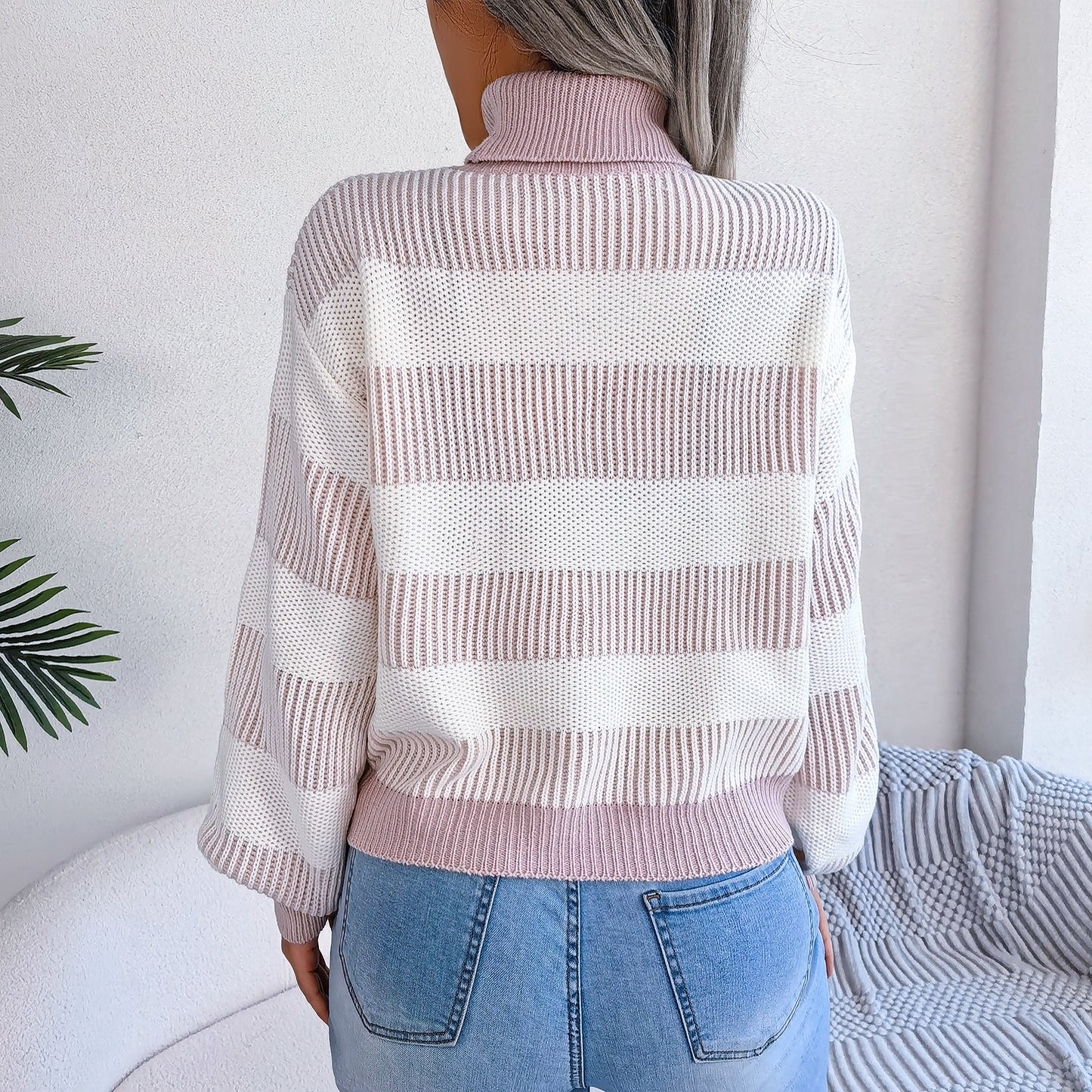 Jersey mujer rayas anchas cuello alto tejido punto - Elsy