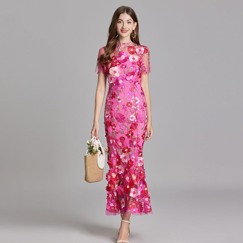 Vestido largo floral bordado mujer - Fiorella