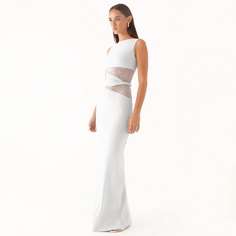 Vestido largo mujer sin mangas con encaje transparente - Leontina