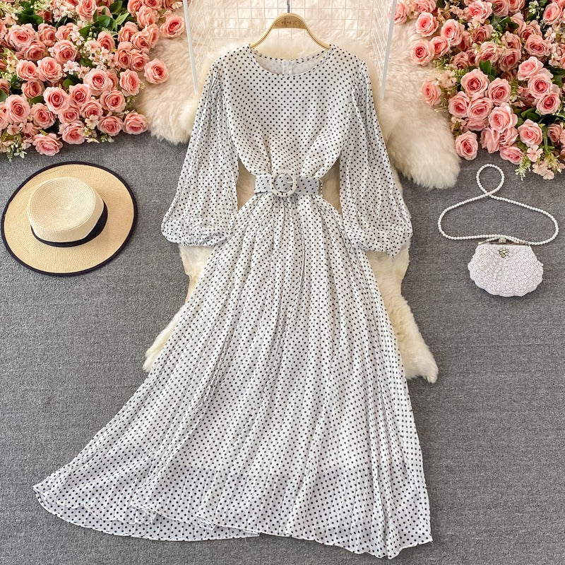 Vestido largo para mujer lunares cinturón estilo elegante - Colette