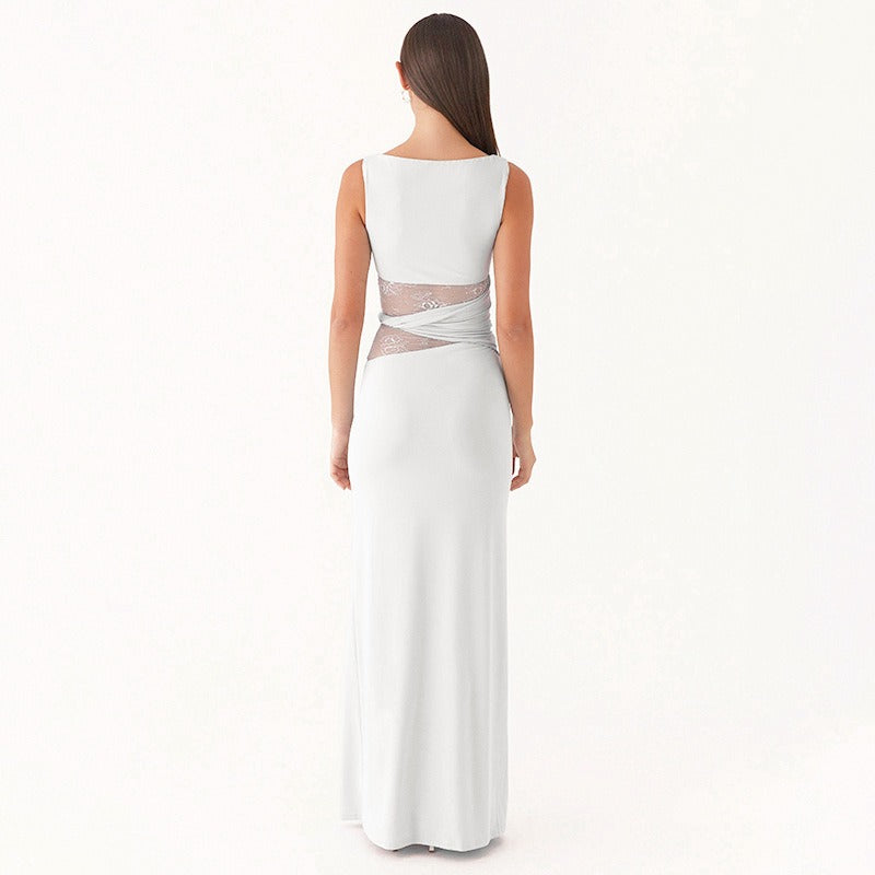 Vestido largo mujer sin mangas con encaje transparente - Leontina