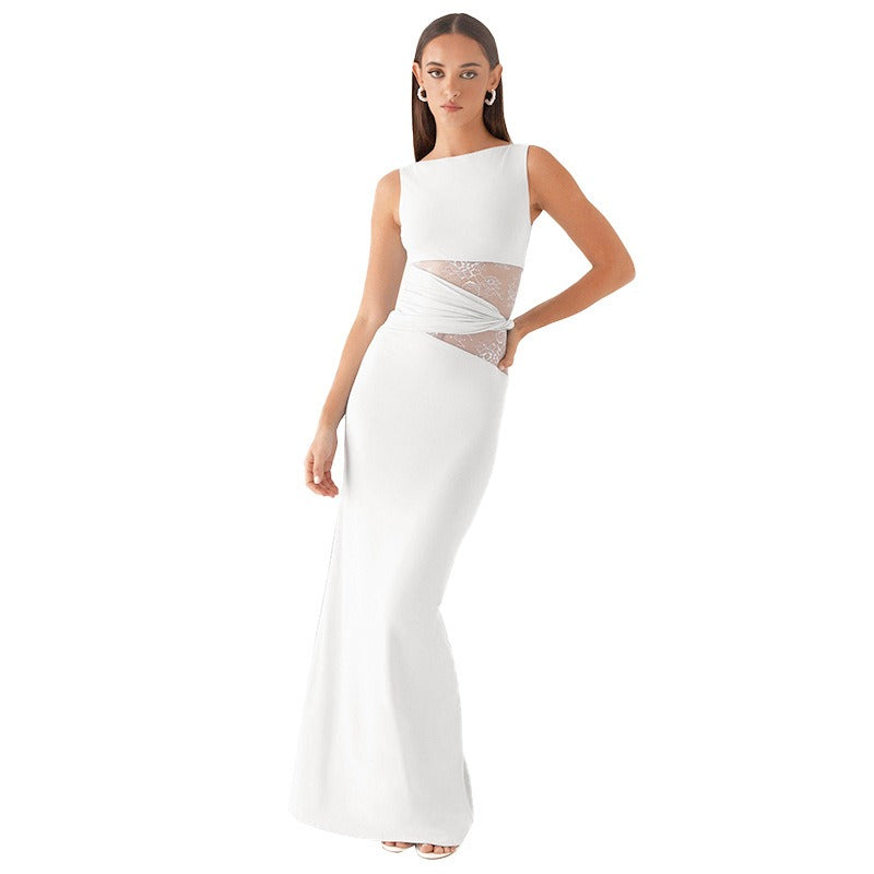 Vestido largo mujer sin mangas con encaje transparente - Leontina
