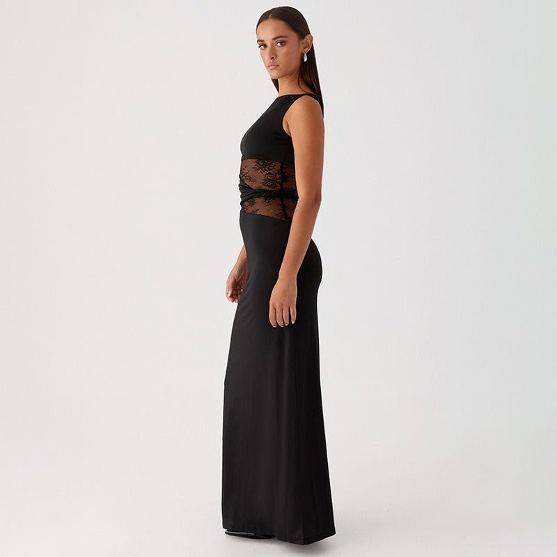 Vestido largo mujer sin mangas con encaje transparente - Leontina