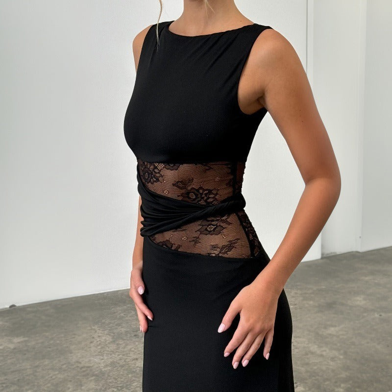 Vestido largo mujer sin mangas con encaje transparente - Leontina