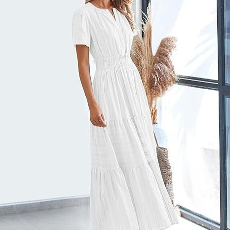 Vestido midi para mujer plisado manga corta estilo bohemio - Lorena