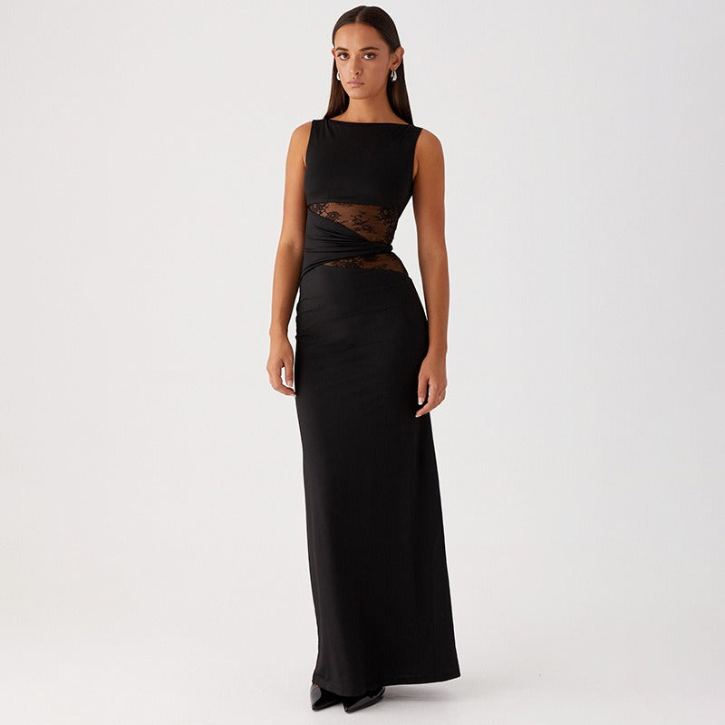 Vestido largo mujer sin mangas con encaje transparente - Leontina
