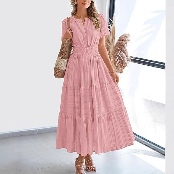 Vestido midi para mujer plisado manga corta estilo bohemio - Lorena