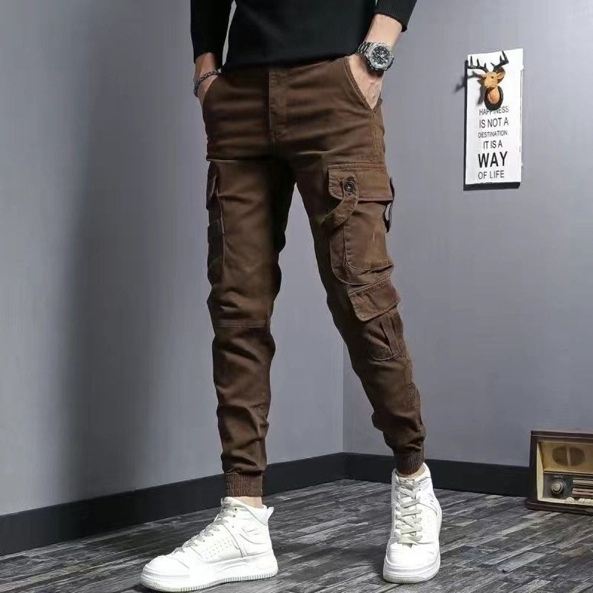 Pantalón cargo hombre algodón slim fit bolsillos laterales - Marius