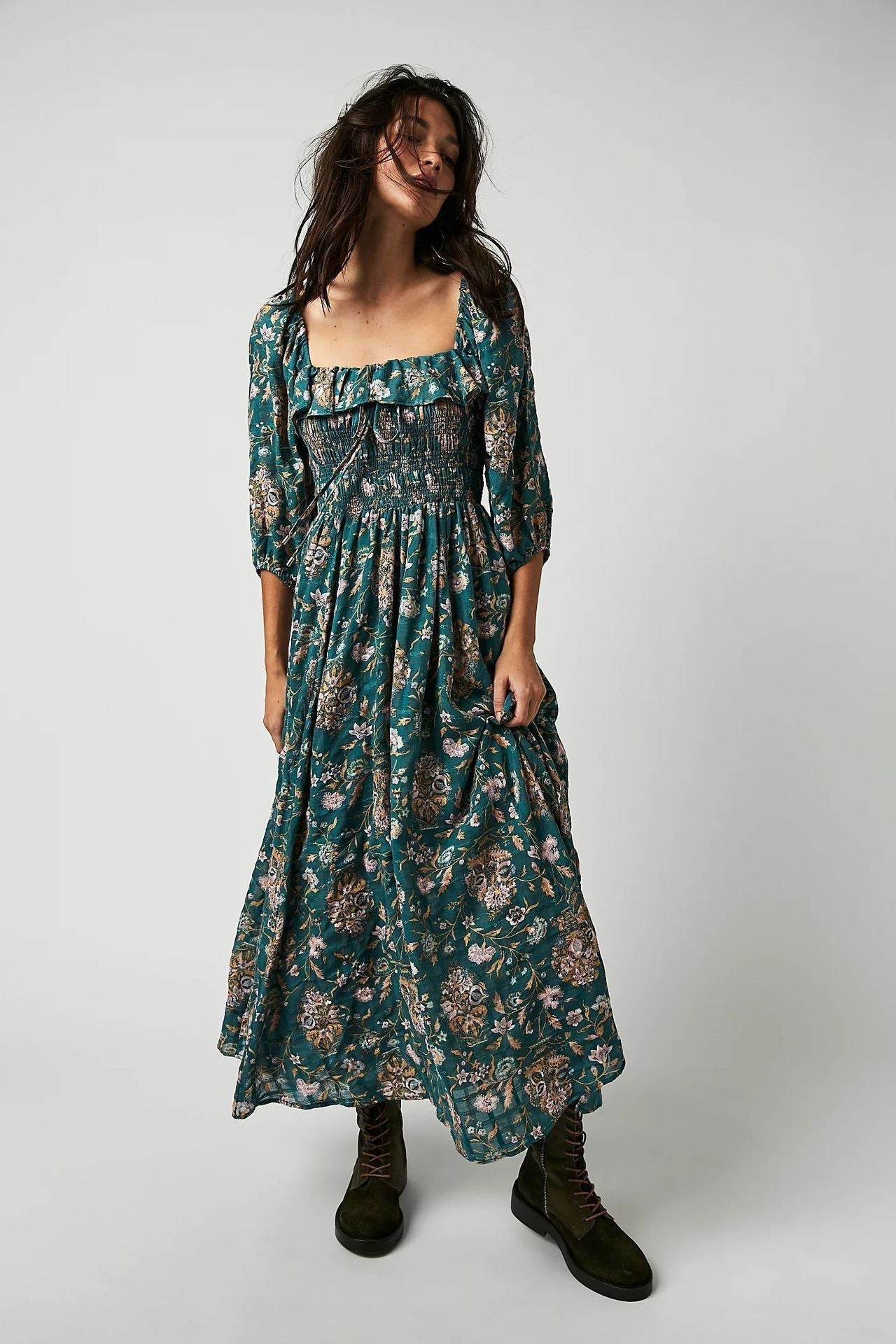 Samira - Vestido midi estampado con top de volantes y volantes