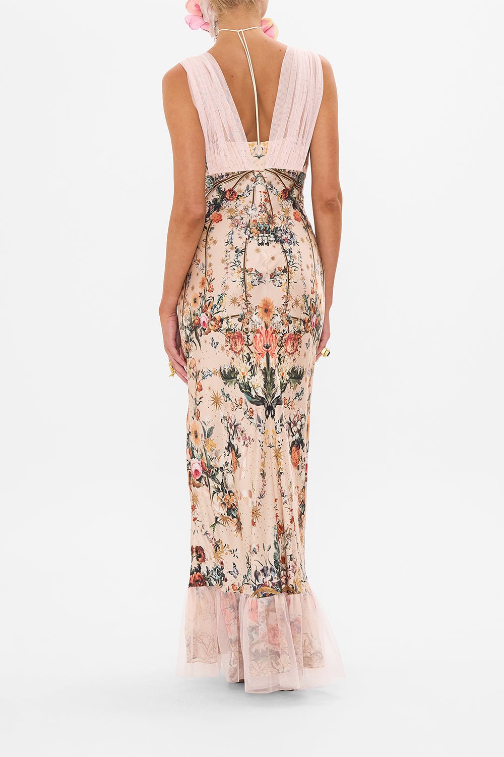 Cecy - Maxivestido con escote en pico y superposición de malla