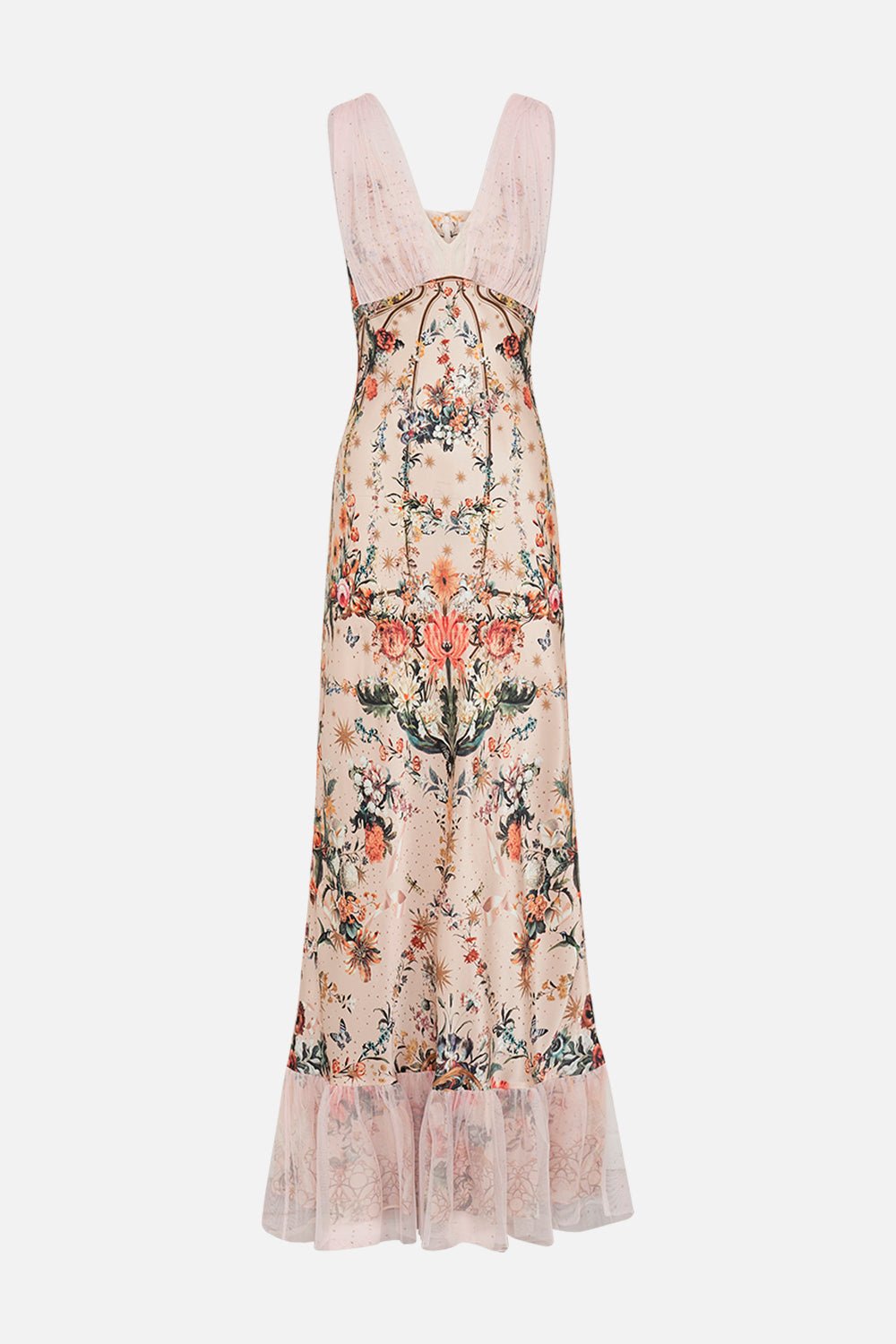 Cecy - Maxivestido con escote en pico y superposición de malla